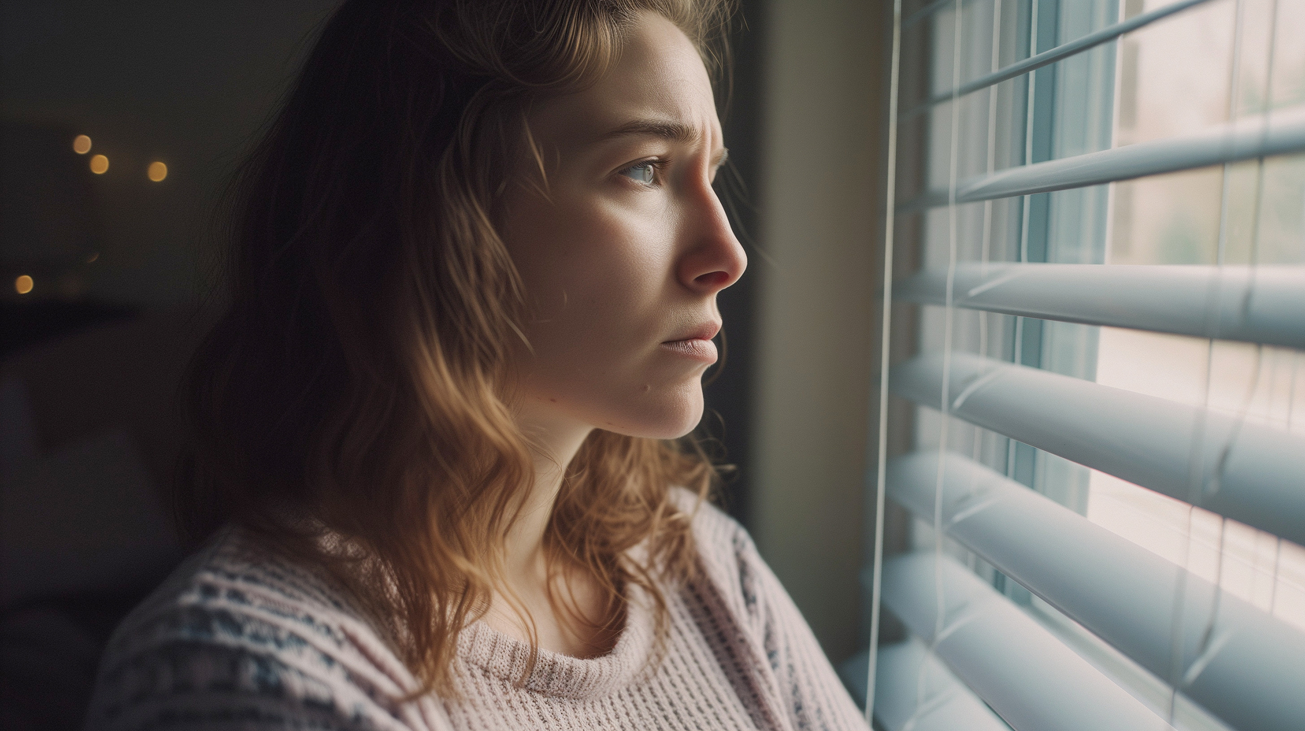 Eine junge Frau schaut bedrückt aus dem Fenster